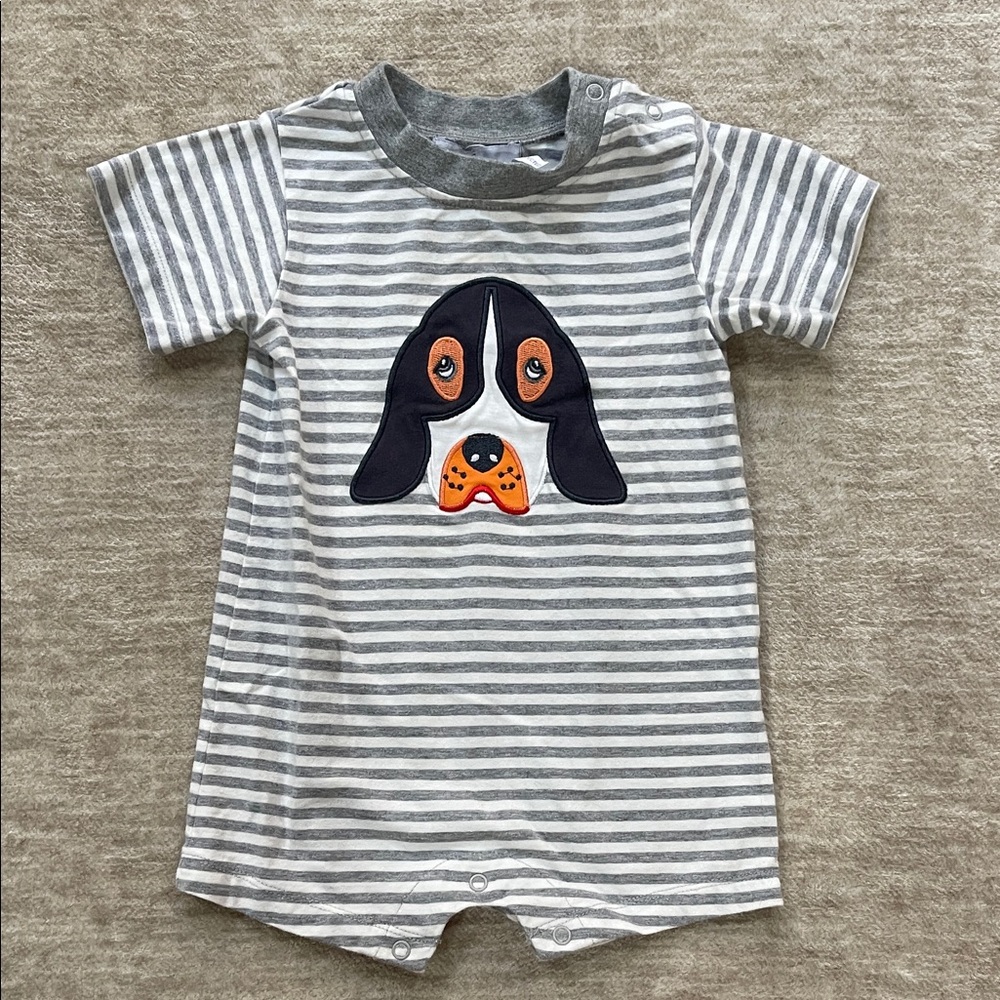 Gray Striped Dog Print Kids Romper